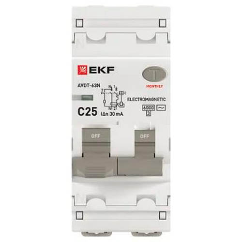 Дифавтомат 2Р 25А C тип AC 30мА 6кА 2мод АВДТ-63N EKF PROxima
