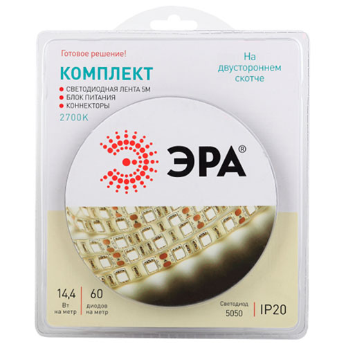 Лента свд 12В 14,4Вт/м 60свд/м 2700К 500лм/м 5050 IP20 ЭРА 5м комплект