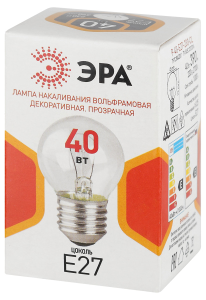 Лампа шар накал Е27 40Вт 390лм G45 прозрачный ЭРА