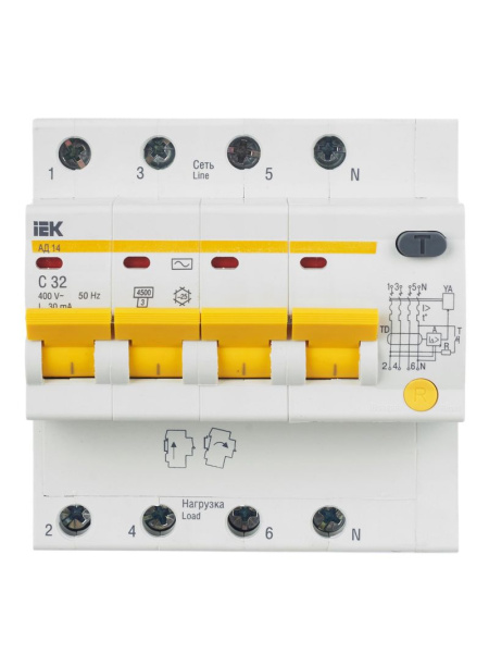 Дифавтомат 4Р 32А C 30мА 4,5кА АД14 5мод IEK